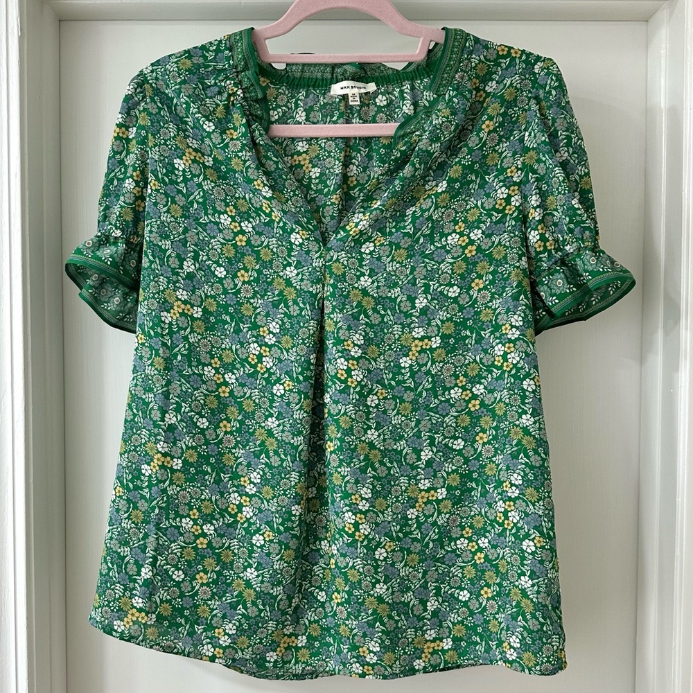 Max Studio Green Floral Blouse with Flutter Sleeves, Size M